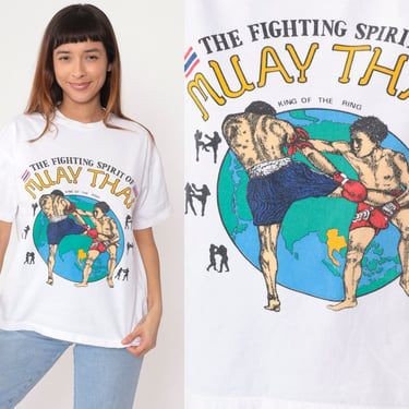 Muay Thai T-Shirt Y2K Thai Boxing Graphic Tee Fighting Spirit Sports Asia Shirt Thailand Tourist Travel TShirt White Vintage 00s Large L 