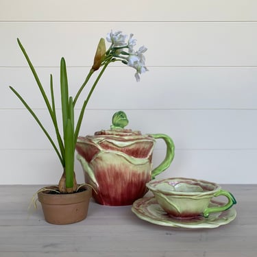CIC Cottage Rose Butterfly Teapot & Teacup/Saucer Patricia Brubaker 4 Piece Set 