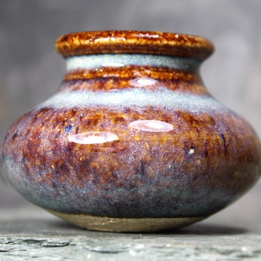 Mini Stoneware Vase - Hand Glazed Brown and Pale Blue Glaze - Rough Base - Folk Art Stoneware 
