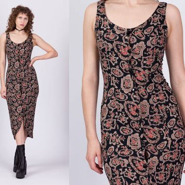 90s Grunge Baroque Floral Midi Dress - Extra Small | Vintage Black Sleeveless Fitted Sundress 