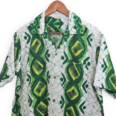 vintage hawaiian shirt / aloha shirt / 1960s green aloha tiki print hawaiian loop collar shirt Large 