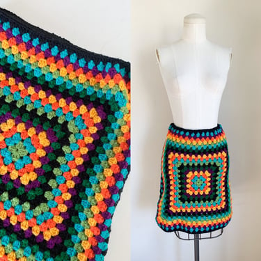 Vintage 1970s Granny Square Rainbow Crochet Skirt / M-L 