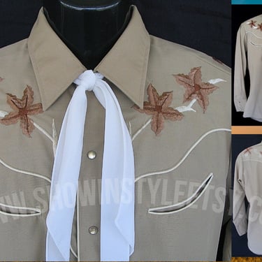 Tem Tex Vintage Western Men's Cowboy, Rodeo Shirt, Beige with Embroidered Floral Designs , Approx. Small (see meas. photo) 