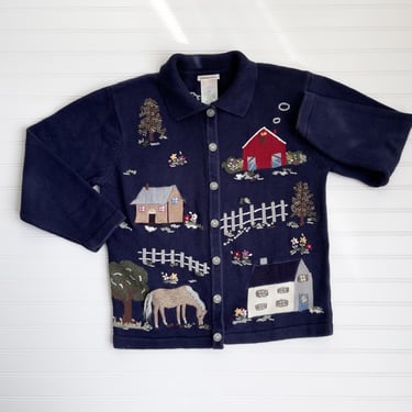 cute cottagecore sweater 90s vintage Northern Reflections horse farm navy embroidered cardigan 