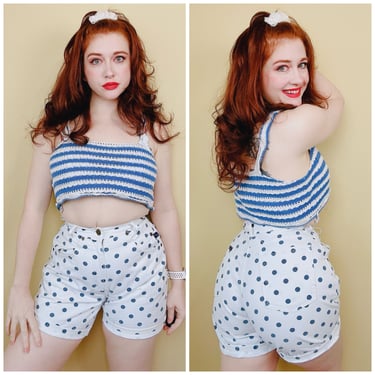 1980s Vintage Chic White and Blue Polka Dot Shorts / 80s High Waisted Cotton Pinup Jean Shorts / Size Small-Medium Waist 26/27