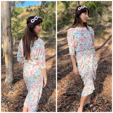 80s Cottage Core Floral Midi Dress Ruching Rayon S M 