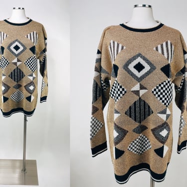 1980s Sparkly Gold Geometric Color Block Pullover Sweater by Beldoch Popper | Vintage, Retro, Mod, Lurex, New Wave, Rare, Unique, Holiday 