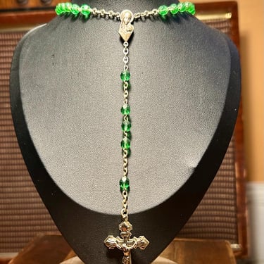 Green Glass Rosary Beads Prayer Beads Religious Jewelry Faceted Cross Jesus 