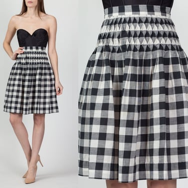 60s Gingham Smocked Mini Skirt, As Is - Extra Small, 24" | Vintage Black & White High Waist Schoolgirl Skirt 