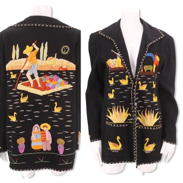 40s MEXICAN embroidered wool jacket M-L, vintage 1940s 1950s black folk art jacket, souvenir tourist jacket 