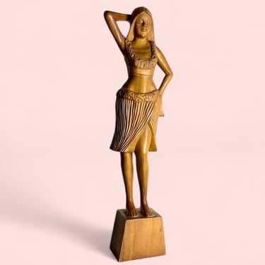 Vintage 1960s Carved Monkey Pod Wood Hula Girl Statue 