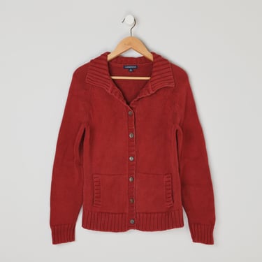 Vintage 90s Lands' End Red Knit Cardigan - collared, pockets, 100% cotton - Women's M 