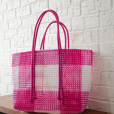 Large Market bag, Reusable Grocery bag, Beach Bag, Picnic basket, South Indian Wire Koodai - Pink Checkers 
