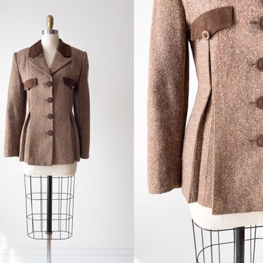 brown tweed jacket | 90s 40s style vintage AKIF Alta Moda nipped waist brown tan wool dark academia nipped waist blazer 