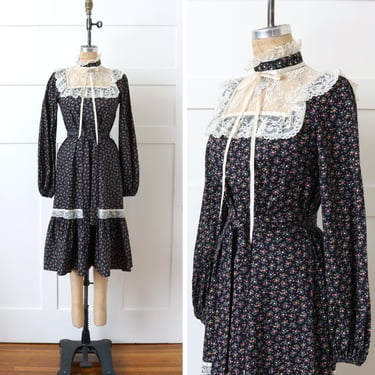 vintage 1970s prairie Gunne Sax style dress • romantic boho calico lace collar dress 