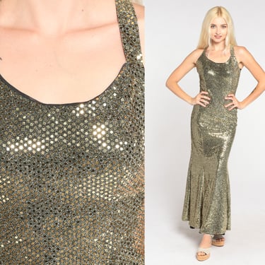 Gold Sequin Gown 80s Sparkly Party Maxi Dress Zum Zum Fishtail Hem Sleeveless Long Cocktail Glam Open Back Glitter Vintage 1980s Small S 