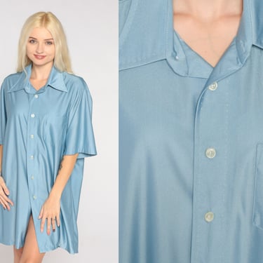70s Blue Shirt 70s Disco Shirt Shiny Button up White Top Stitch Collared Short Sleeve Plain Basic Nylon Vintage 1970s Mens Extra Large xl 