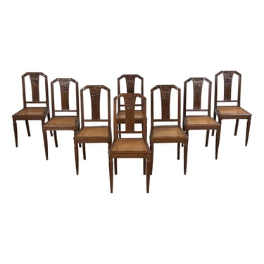 1930s French Art Deco Walnut Dining Chairs W/ Cane Seats - Set of 8 