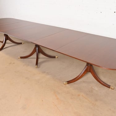 Baker Furniture Style Georgian Mahogany Monumental Triple Pedestal Extension Dining Table, Newly Refinished