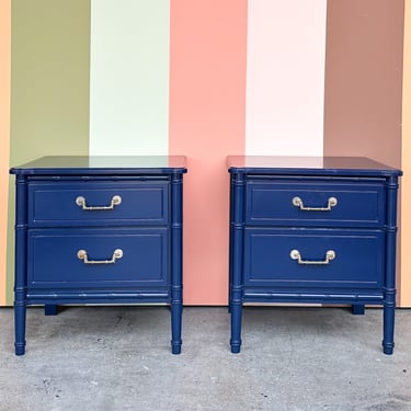 Pair Faux Bamboo Nightstands Navy