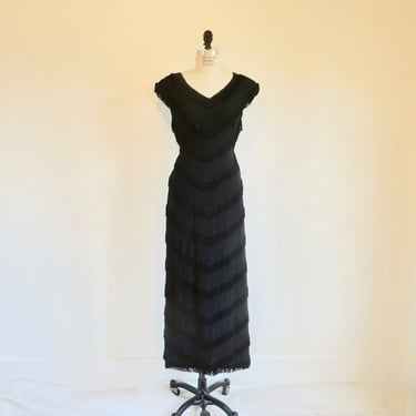 1940's Black Long Evening Dress with All Over Chevron Striped Fringe Formal Cocktail Party Maxi Length WW2 Era Rockabilly 28" Waist Medium 