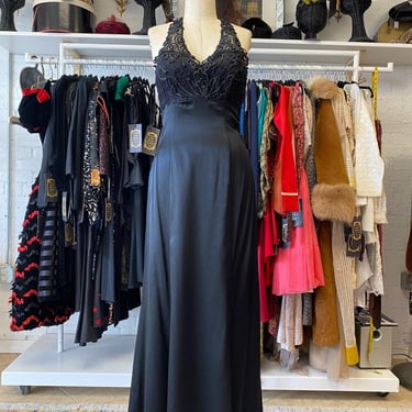 vintage 1990s black satin gown with train, sheer glitter halter neck, small, nye 