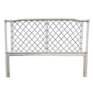 Vintage Queen Headboard with Woven Rattan by Ficks Reed - White Wash Coastal Wood Bedroom Furniture 