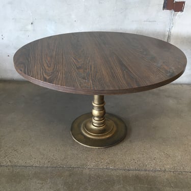 Mid Century Vintage Round Bistro Dining Table With Formica Top & Solid Brass Base