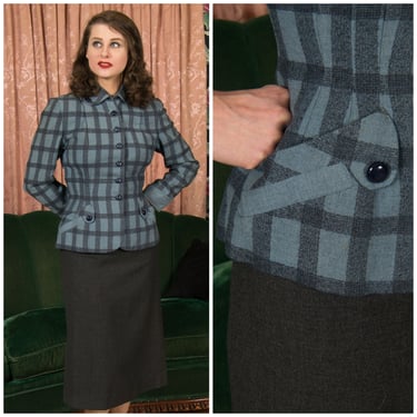 1950s Jacket - Sophisticated Blue and Grey Tailored Plaid Wool 50s Blazer with Nipped Waist and Smart Pocket Details 