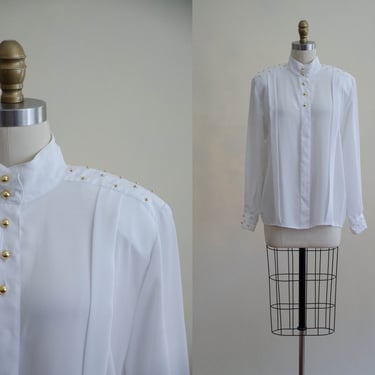 white high collar blouse | gold studded blouse 