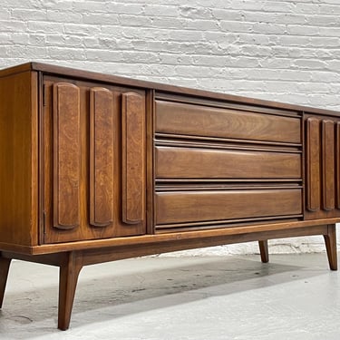 LONG Walnut Mid Century MODERN Burled DRESSER / Sideboard, c. 1960's 