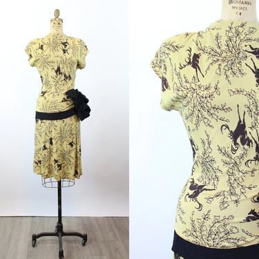 1940s STAG PRINT rayon jersey novelty print dress small | new summer 