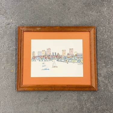 Vintage Helen Mcdermott Art 1970s Retro Size 19x23 Contemporary + Ink and Watercolor + Boston Skyline from the Charles + Singed + Wall Decor 