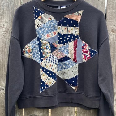 1940s Star Quilt Piece on Dark Grey Sweatshirt