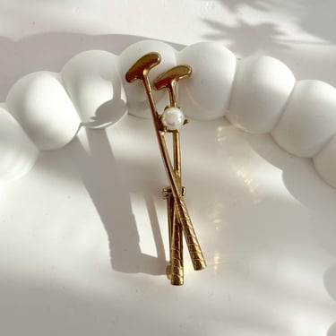 Gold Toned Ball & Putter Clubs Vintage w/ Faux Pearl Tall Brooch Pin 