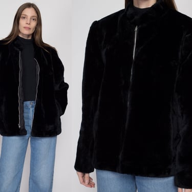 Large 70s 80s Weather Tamer Black Faux Fur Teddy Coat | Vintage Puff Sleeve Plush Windproof Jacket 