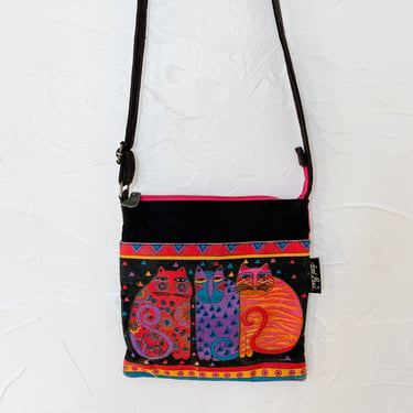 80s Laurel Burch Colorful Cats and Black Canvas Purse 