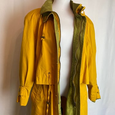 Vintage 90’s overcoat sporty bright Mustard yellow & green  duffel jacket cinch waist layered snaps zips long trench ~ pop of color size LG 