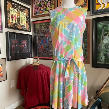 60s pastel geometric sleeveless dress with pleated drop waist and matching belt 