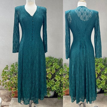 Vintage 80s boho forest green lace midi dress with slip sz 7/8 