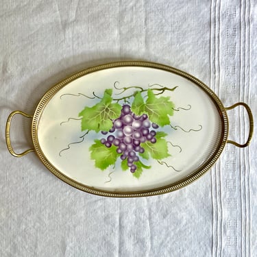 Vintage Ceramic and Brass, Oval Tray - Green n Purple Grapes n Vine design, 15 x 8 inches, Craftsman Art Deco Stencil, Tea Cocktail Tray 