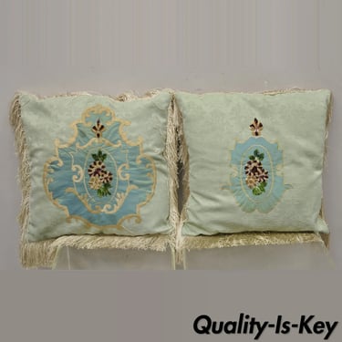 Vintage 17" Green Silk Embroidered Victorian Style Pillow with Fringe - a Pair