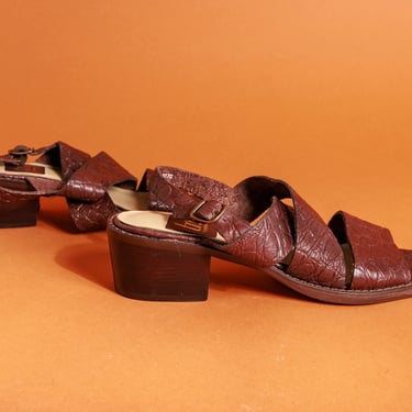 80s Dark Brown Embossed Leather Strappy Heels Vintage Chunky Heel Sandals 