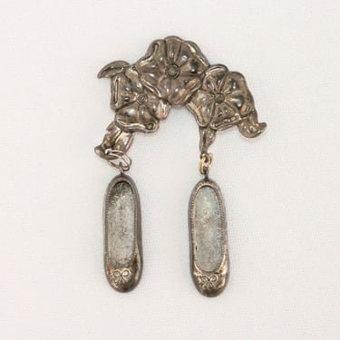 Vintage Repousse Brooch with Two Sterling Silver Reed and Barton Ballerina Slipper Shoe Charms Dangling Pin 