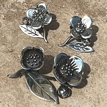 Serafin Moctezuma ~ Vintage Taxco Sterling Silver Set of Flower Screw Back Earrings and Floral Brooch / Pin c. 1940's 