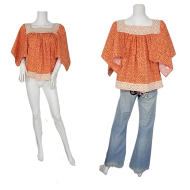 1970'd Orange Ditsy Calico Print Handkerchief Sleeve Smock Top I Shirt I Blouse I Sz Med 