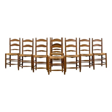Antique Country French Ladder Back Maple Farmhouse Dining Chairs W/ Rush Seats - Set of 8 
