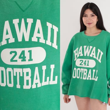 Hawaii Football Sweatshirt 90s Crewneck Pullover Russell Number 241 Graphic Shirt Athletic Sports Green Drop Shoulder Vintage 1990s 2XL XXL 