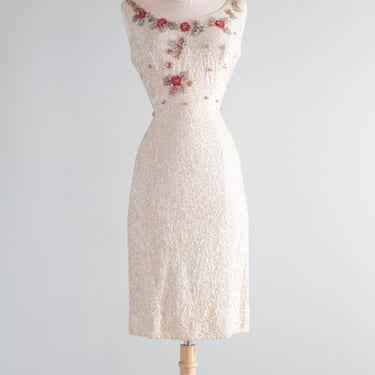 Stunning Late 1950's Aurora Sequined Wiggle Dress With Floral Embroidery / M