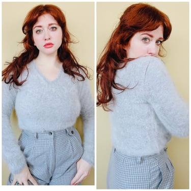 1990s Vintage Belldini Grey Angora Sweater / 90s Bombshell Fuzzy Long Sleeve Knit Jumper / Medium - Large 